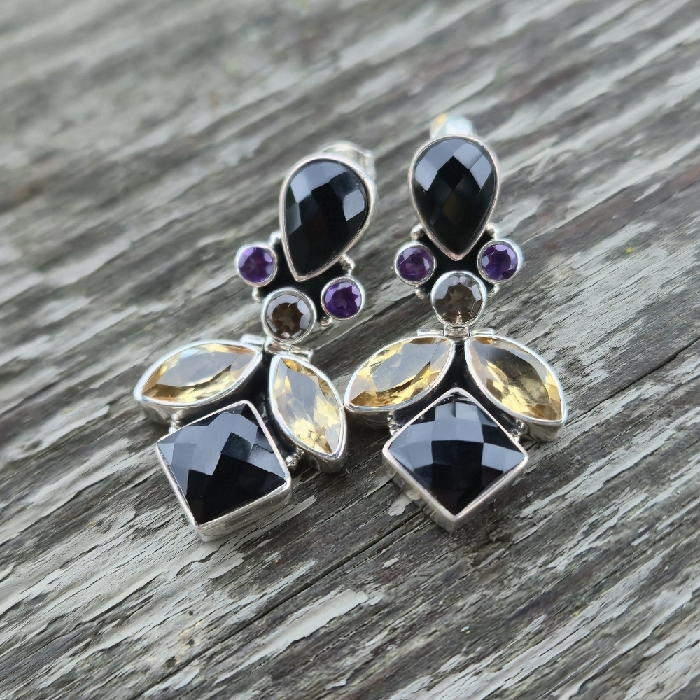 Nicky Butler 925 Sterling Silver Designer Onyx Citrine Amethyst Quartz Earrings - Picture 9 of 13